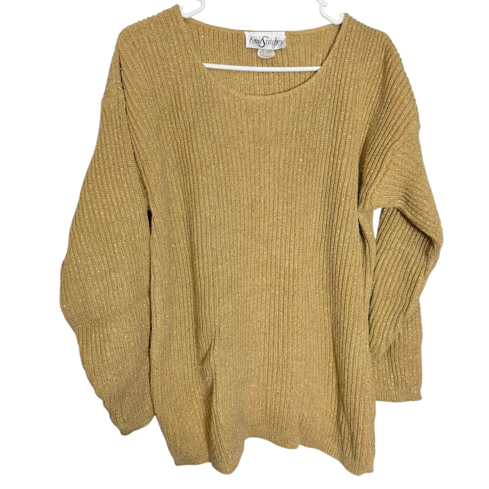 Knit Stitches Large Gold Ribbed Metallic Lurex Sweater Shimmer Glam Holiday